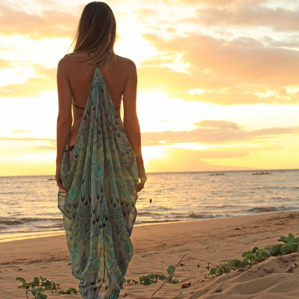 NWT Mara Hoffman Feather Pink Peacock Sheer Long Beach Swim Cover Up Sexy Boho - Picture 12 of 12